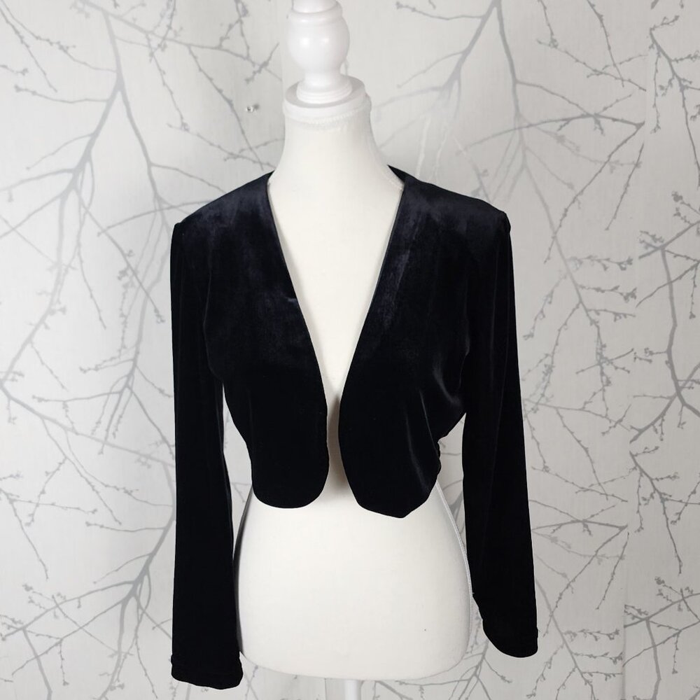 Abrams Black Velvet Stretch Open Front Cropped Blazer